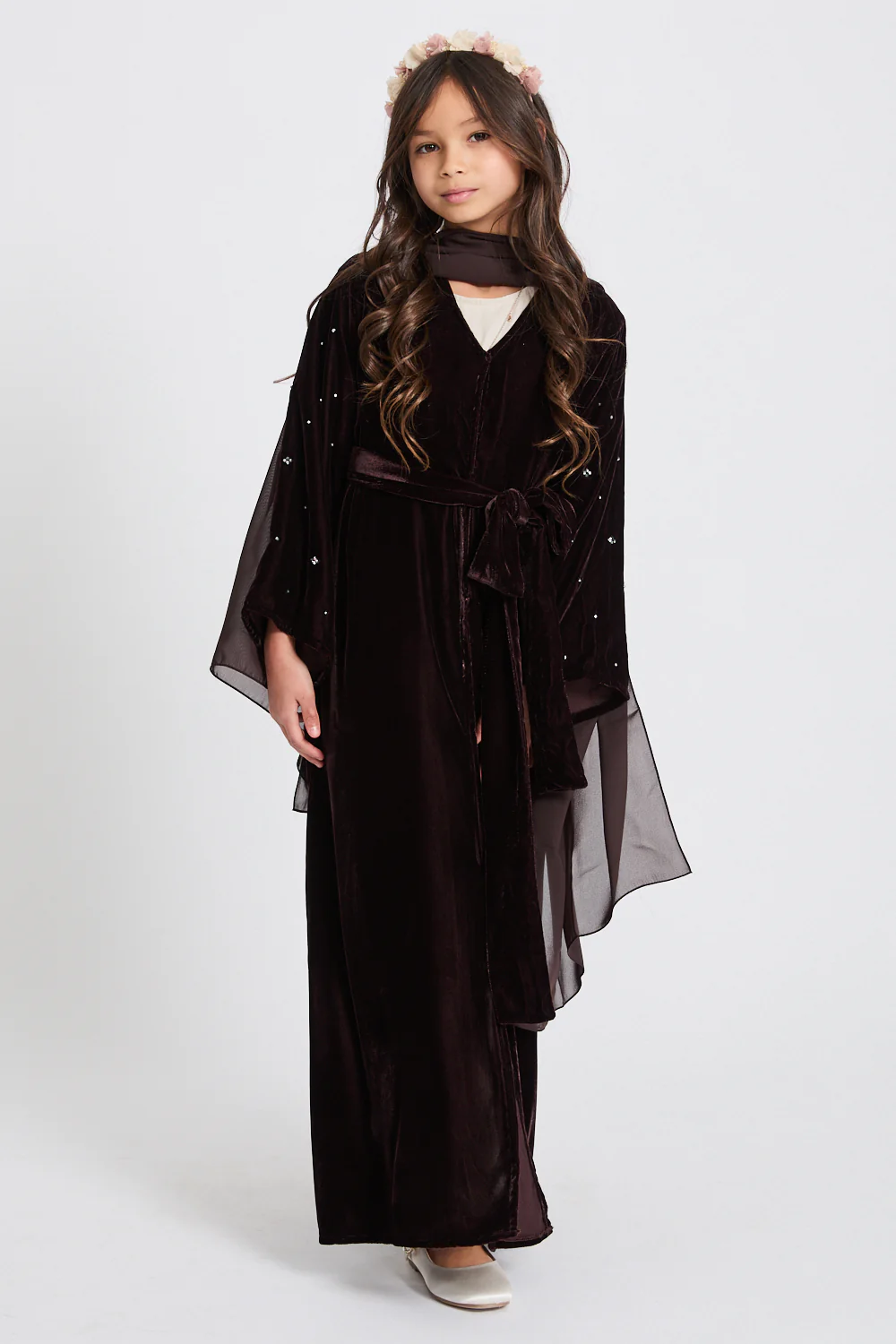 Junior Girls Premium Velvet Starlight Embellished Open Abaya - Rich Brown - Image 8