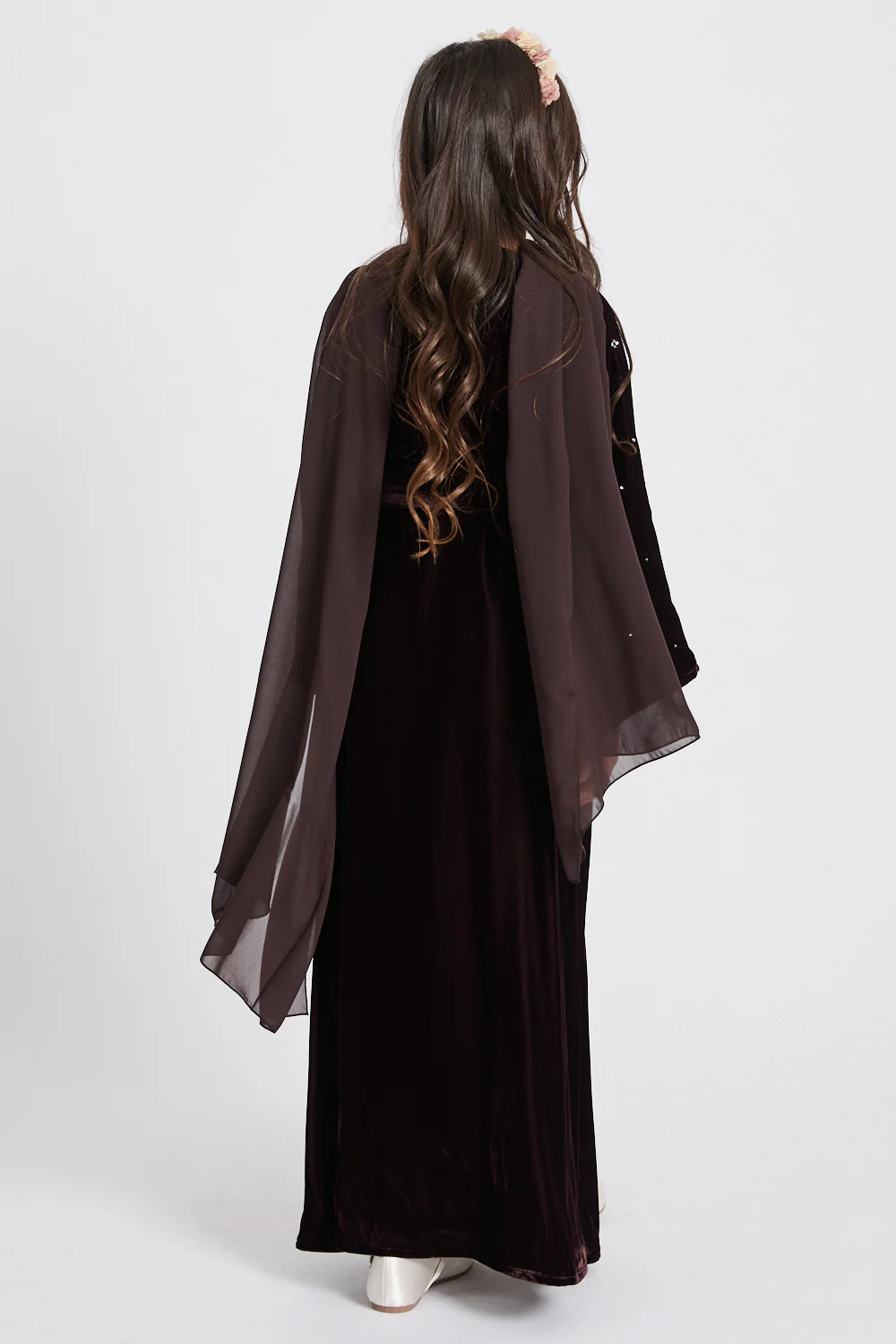 Junior Girls Premium Velvet Starlight Embellished Open Abaya - Rich Brown - Image 9