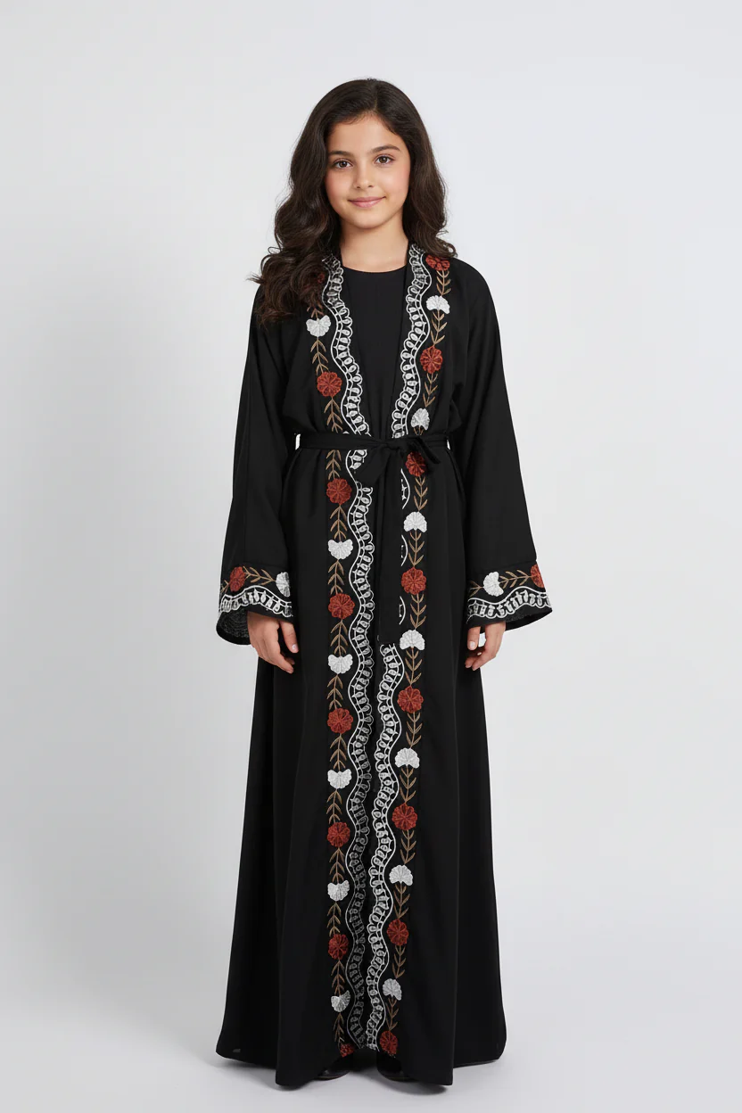 Junior Girls Royal Garden Embroidered Four Piece Abaya Set - Black