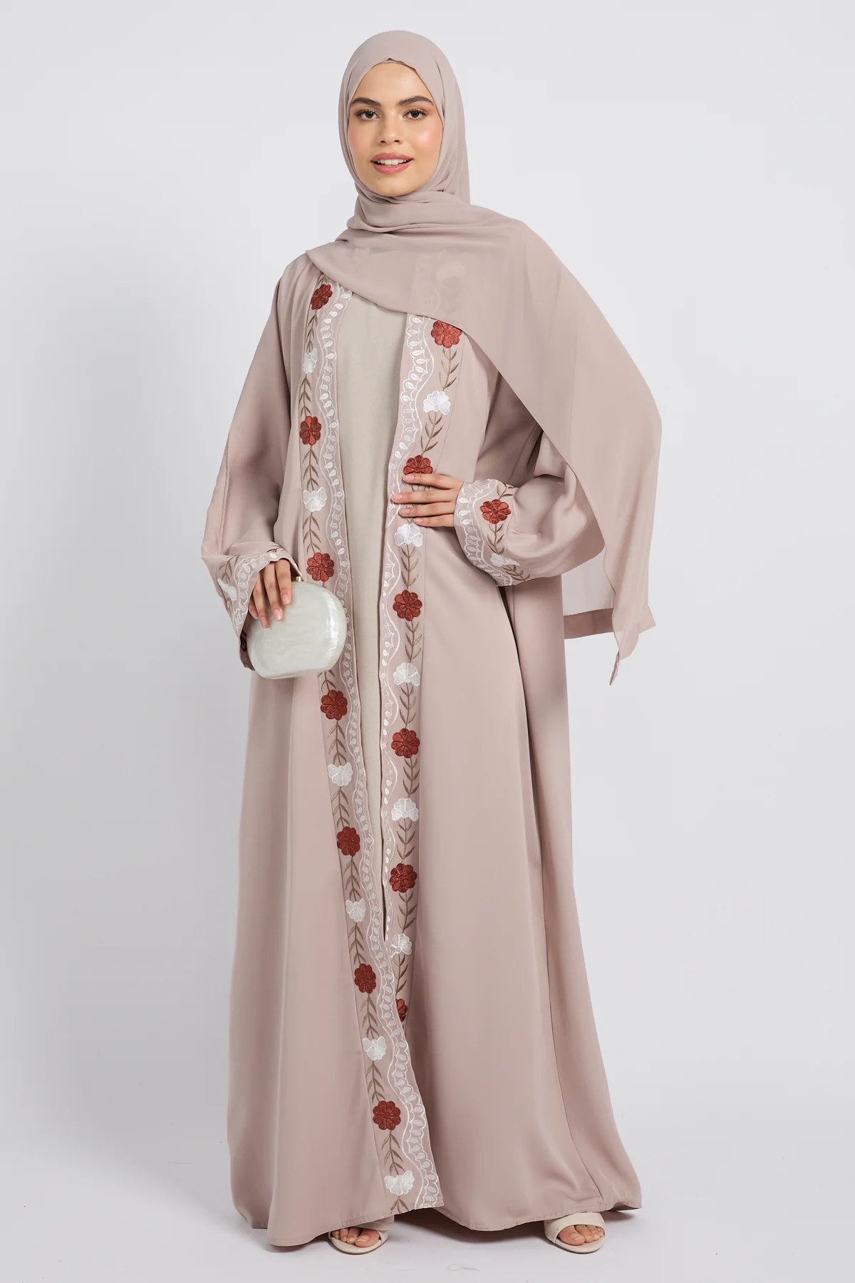 Junior Girls Royal Garden Embroidered Four Piece Abaya Set - Blush Taupe - Image 8