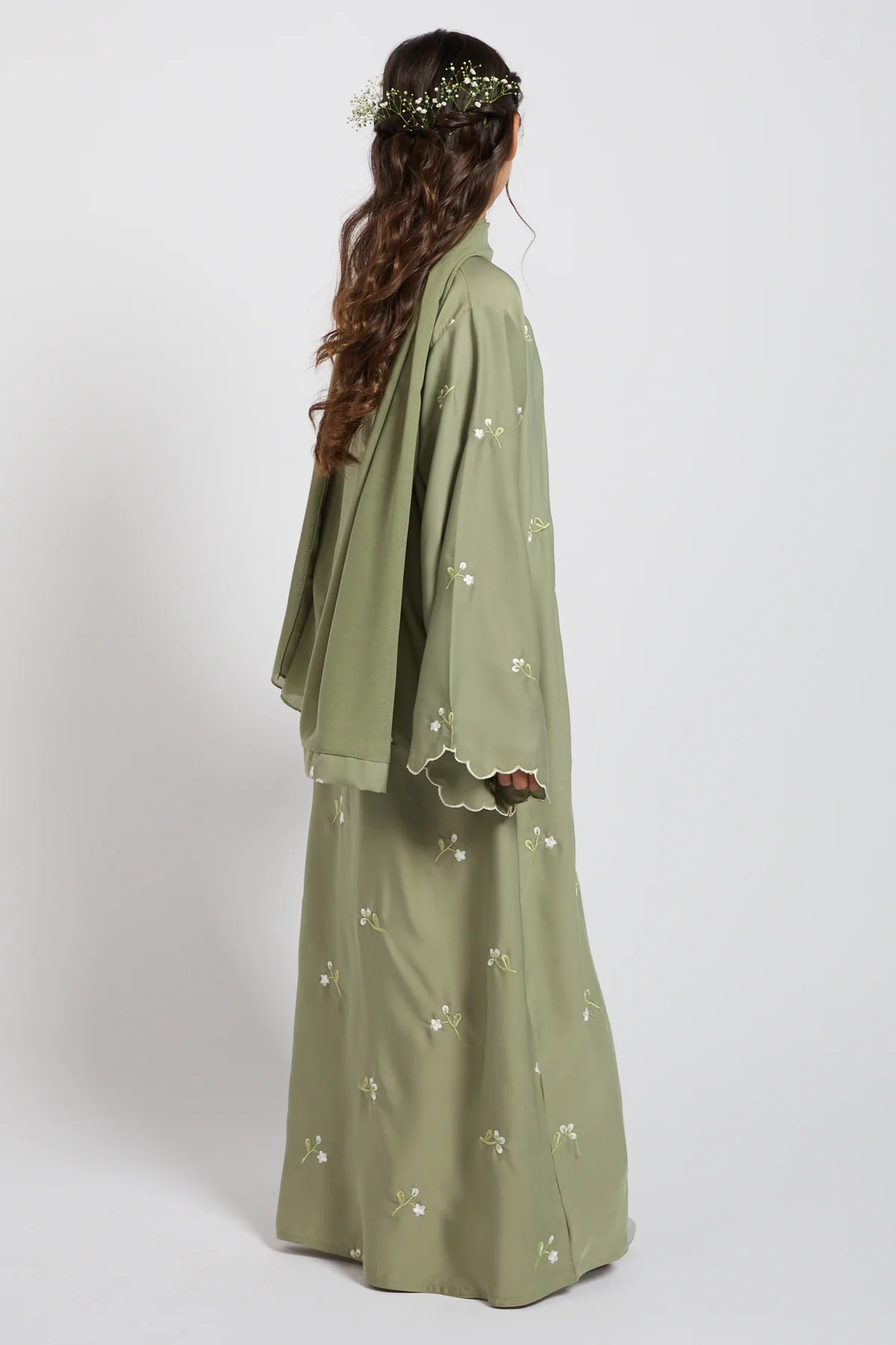Junior Girls Sage Closed Abaya with Dainty Floral Embroidery - Image 6