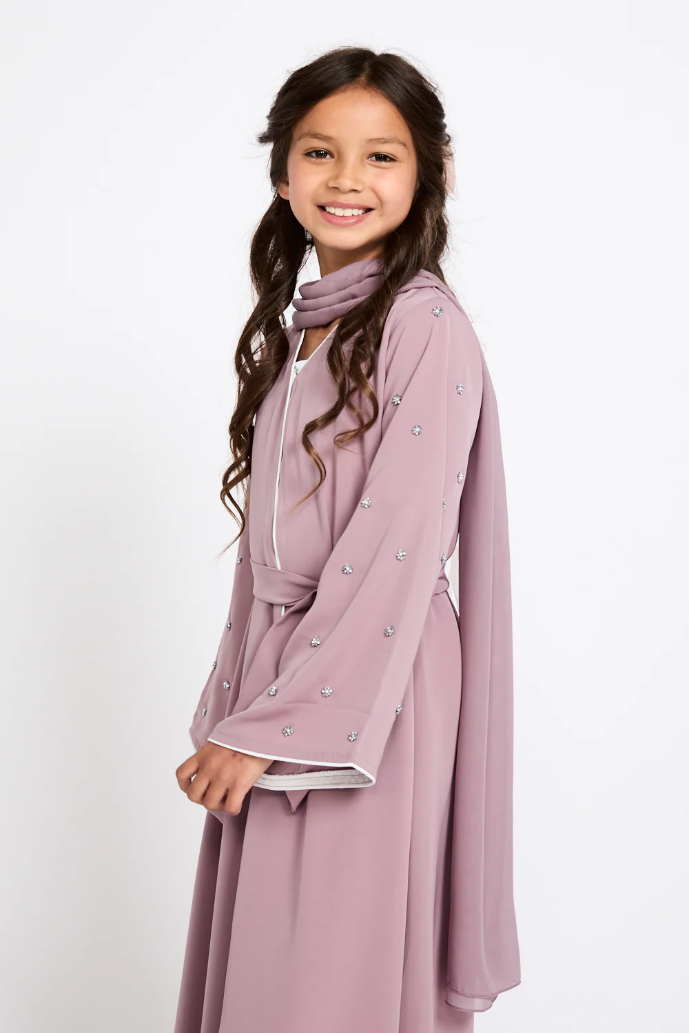 Junior Girls Stardust Belle Embellished Sleeve Open Abaya - Dusty Lilac - Image 2