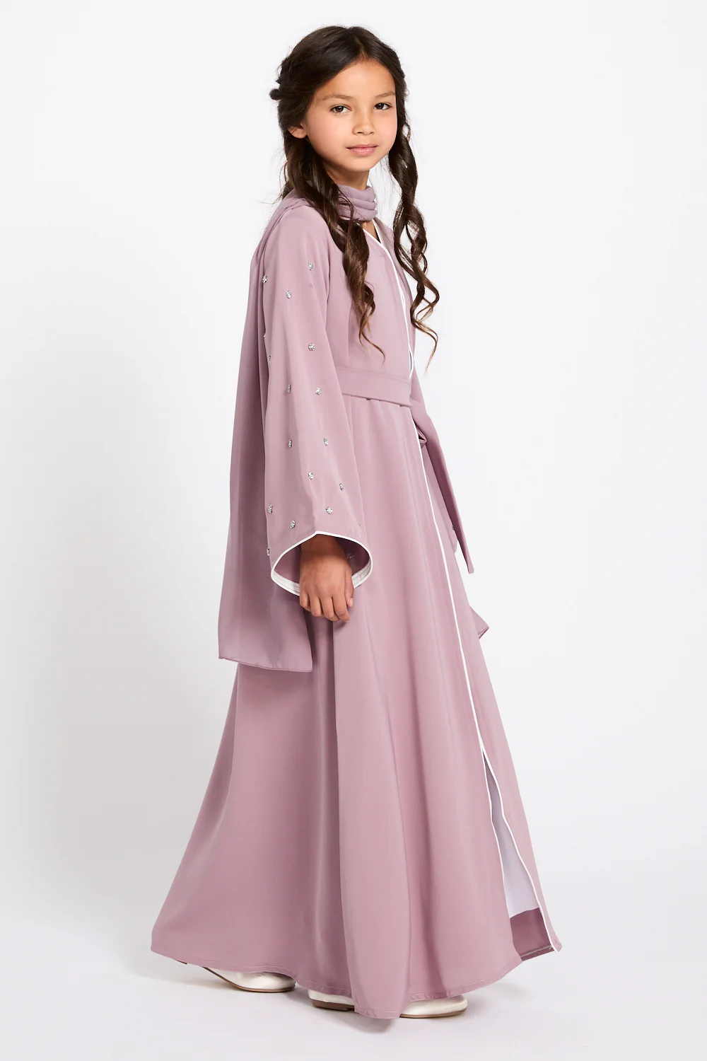 Junior Girls Stardust Belle Embellished Sleeve Open Abaya - Dusty Lilac - Image 3