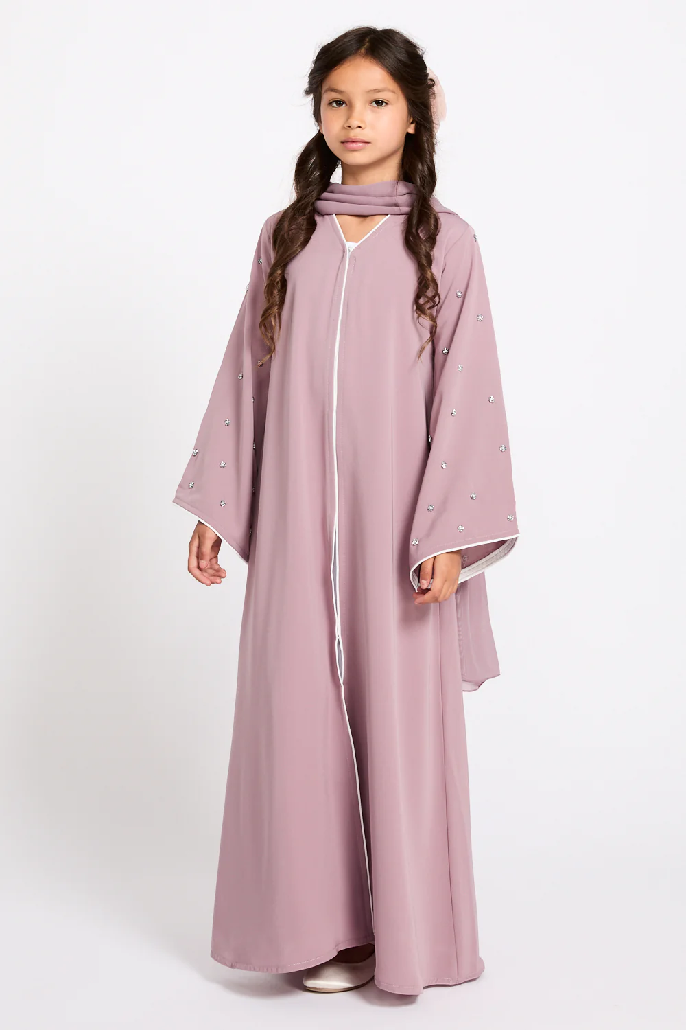 Junior Girls Stardust Belle Embellished Sleeve Open Abaya - Dusty Lilac - Image 4