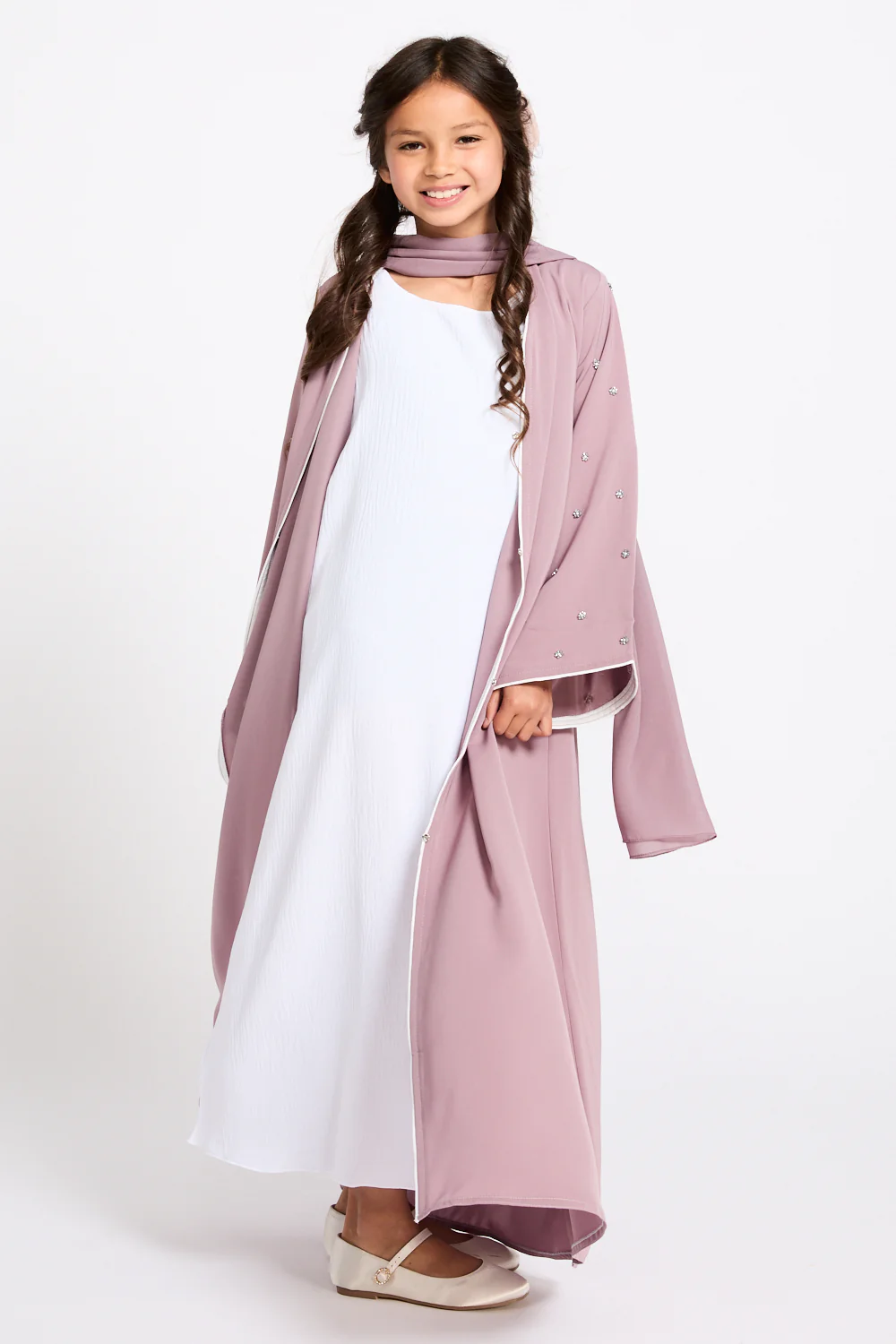 Junior Girls Stardust Belle Embellished Sleeve Open Abaya - Dusty Lilac - Image 5