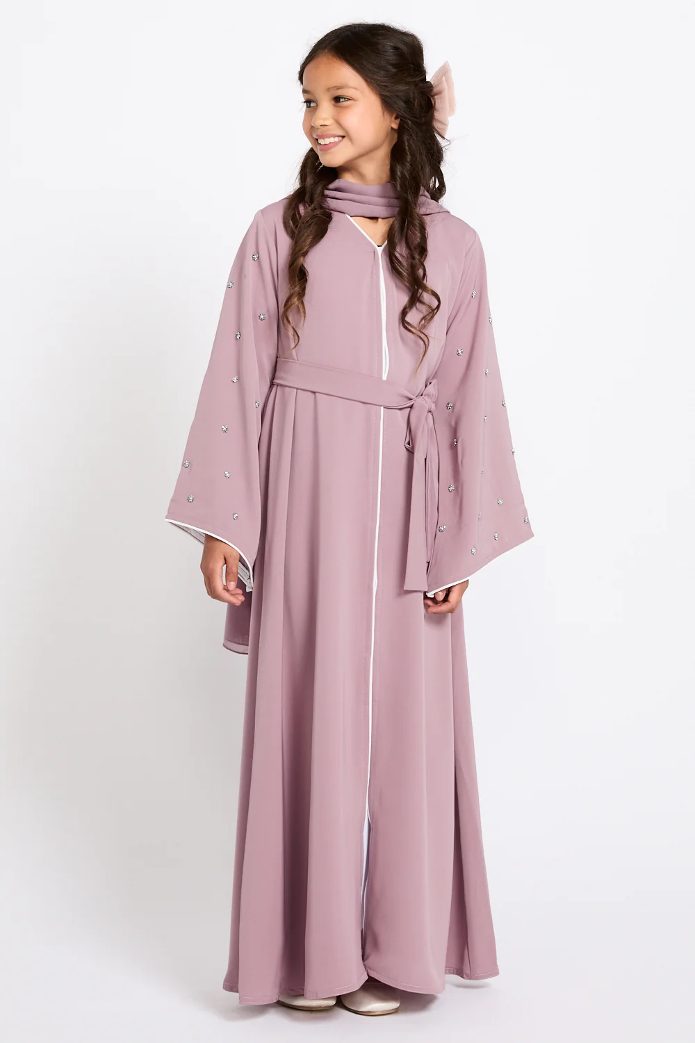 Junior Girls Stardust Belle Embellished Sleeve Open Abaya - Dusty Lilac - Image 7