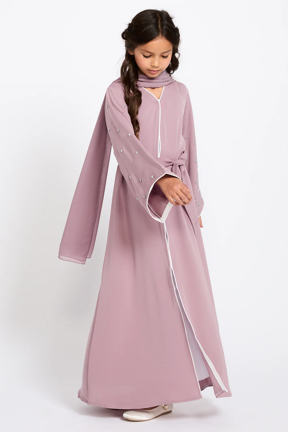 Junior Girls Stardust Belle Embellished Sleeve Open Abaya - Dusty Lilac - Image 9