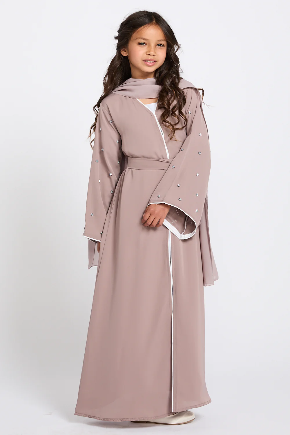 Junior Girls Stardust Belle Embellished Sleeve Open Abaya - Mink Blush