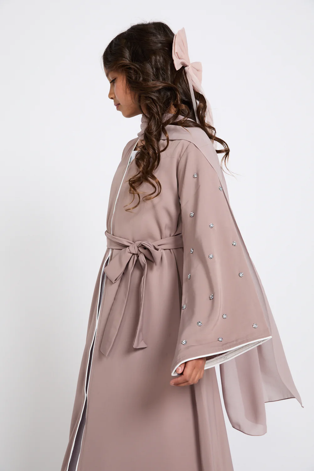Junior Girls Stardust Belle Embellished Sleeve Open Abaya - Mink Blush - Image 2