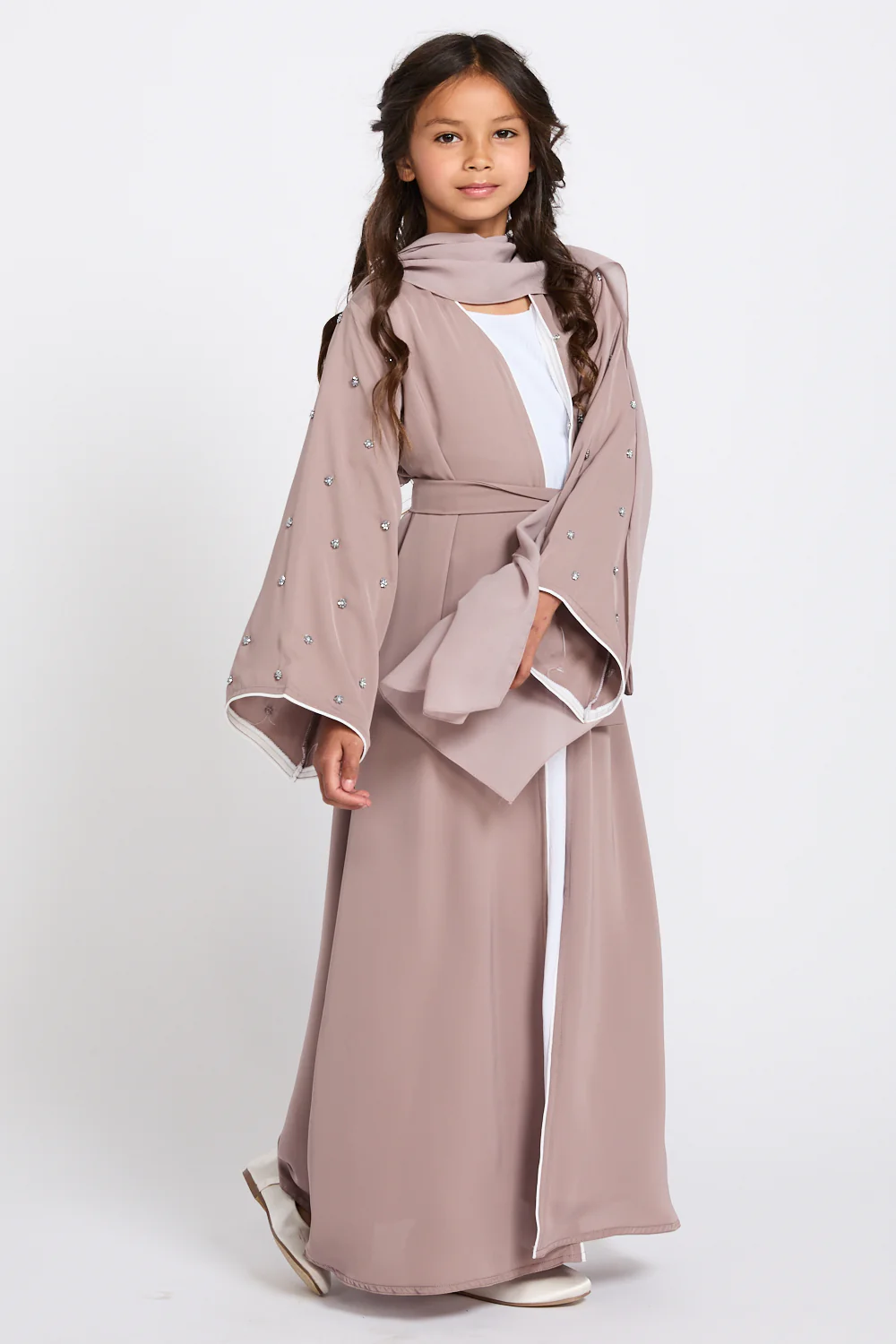 Junior Girls Stardust Belle Embellished Sleeve Open Abaya - Mink Blush - Image 3