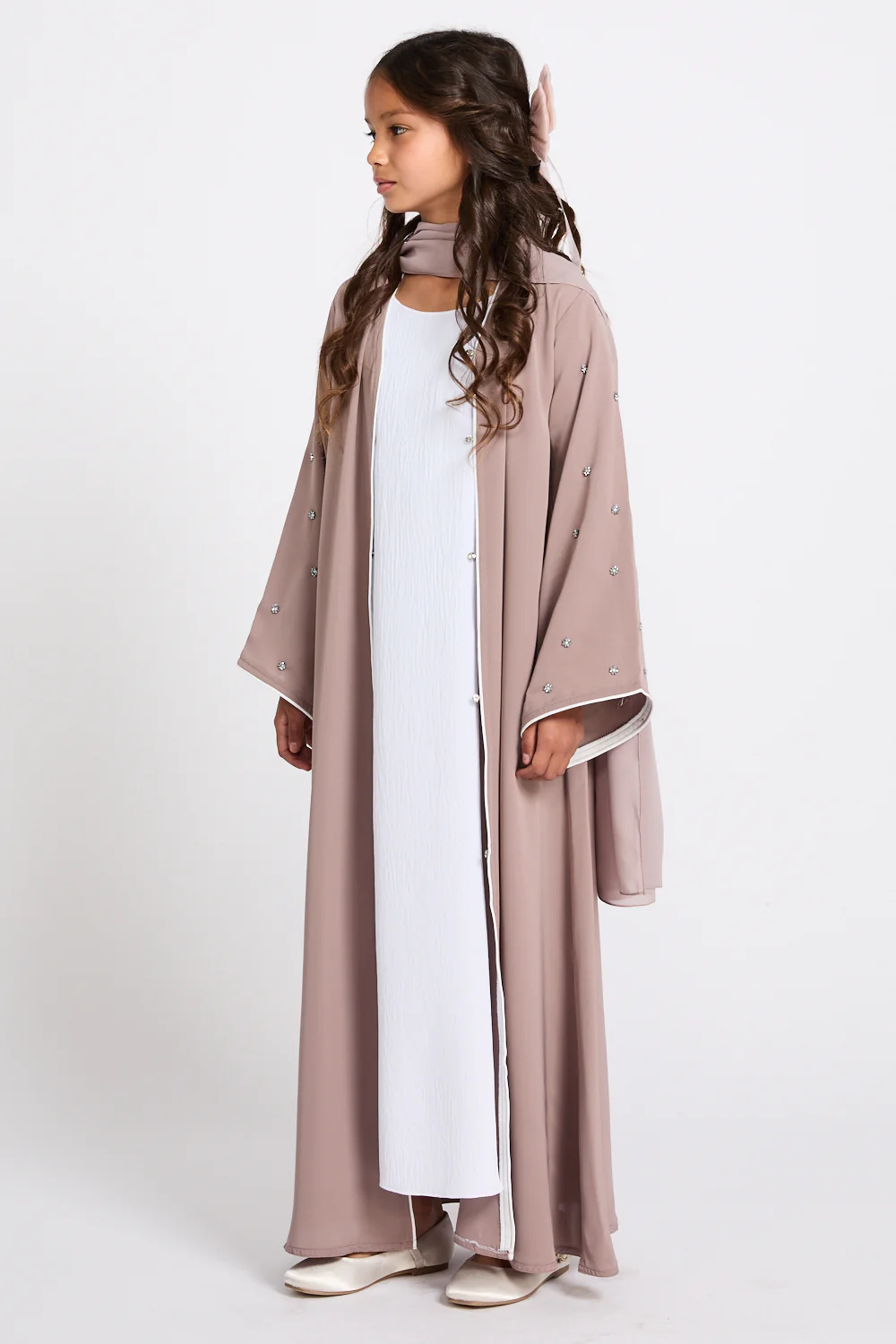 Junior Girls Stardust Belle Embellished Sleeve Open Abaya - Mink Blush - Image 4