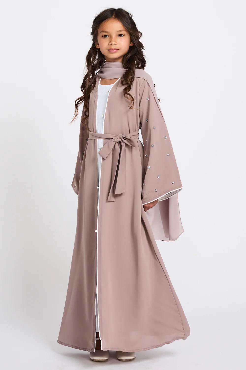Junior Girls Stardust Belle Embellished Sleeve Open Abaya - Mink Blush - Image 6
