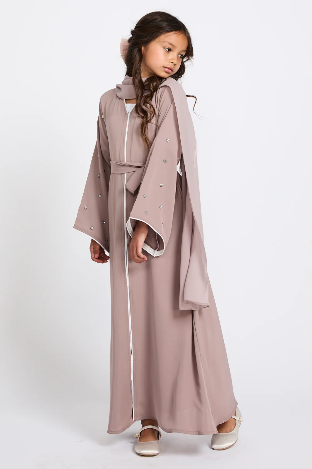 Junior Girls Stardust Belle Embellished Sleeve Open Abaya - Mink Blush - Image 7