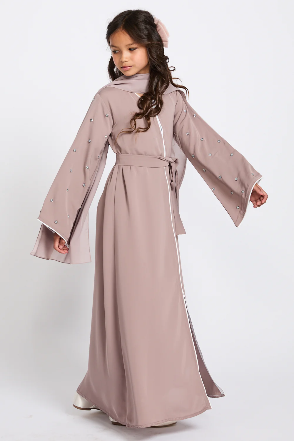 Junior Girls Stardust Belle Embellished Sleeve Open Abaya - Mink Blush - Image 8
