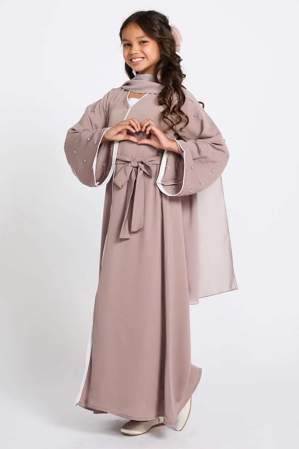 Junior Girls Stardust Belle Embellished Sleeve Open Abaya - Mink Blush - Image 9