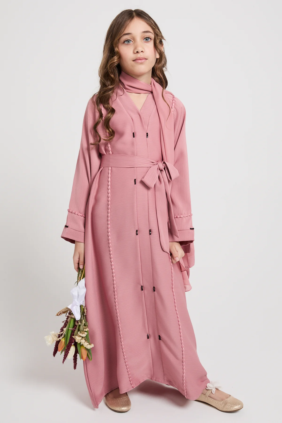 Junior Girls Textured Dainty Detail Closed Abaya - Dusty Rose