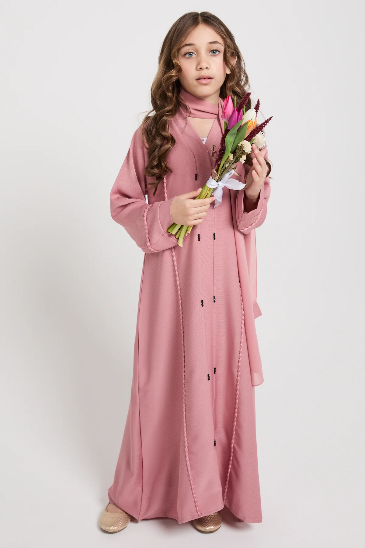 Junior Girls Textured Dainty Detail Closed Abaya - Dusty Rose - Image 5