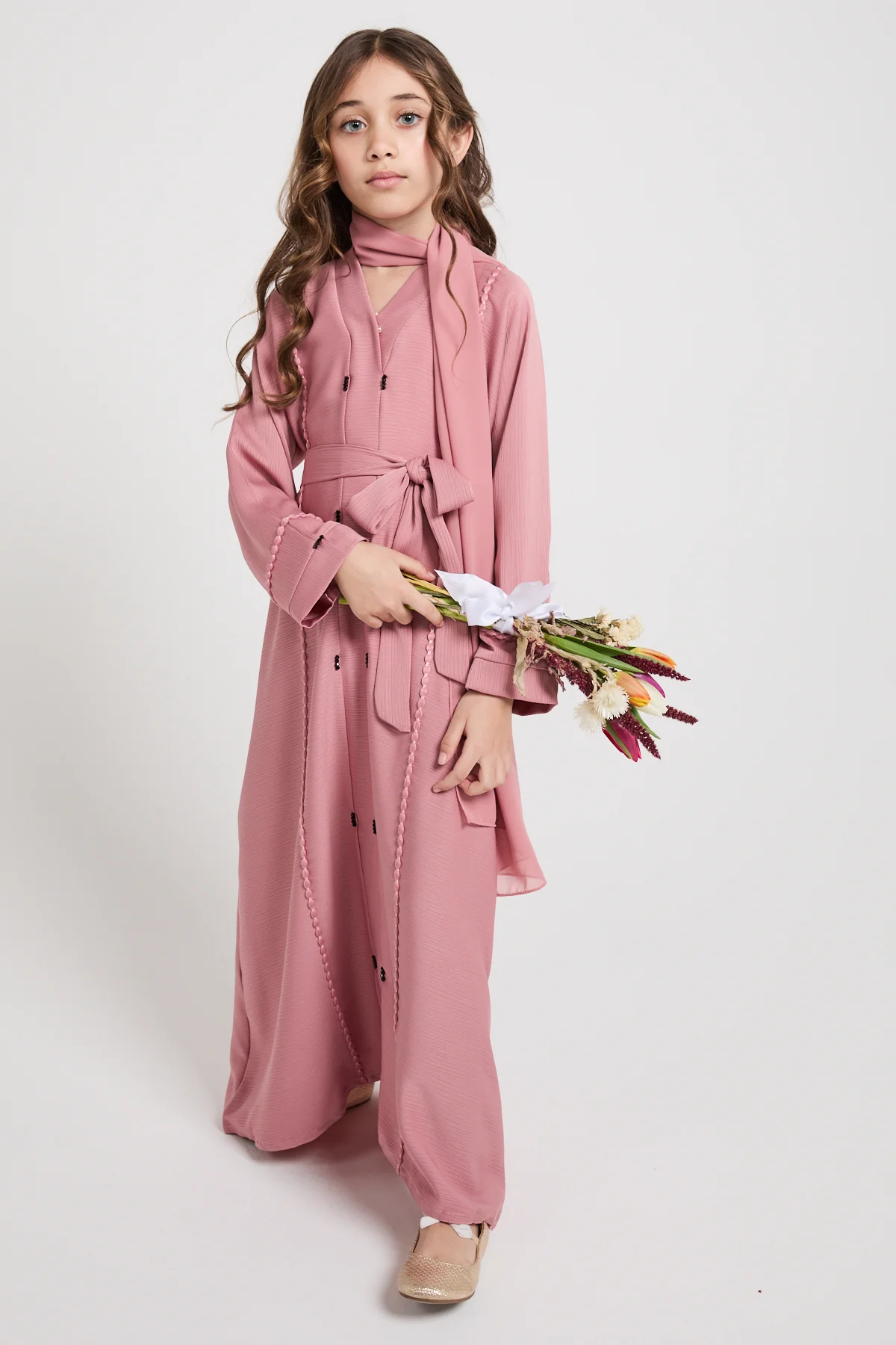 Junior Girls Textured Dainty Detail Closed Abaya - Dusty Rose - Image 7