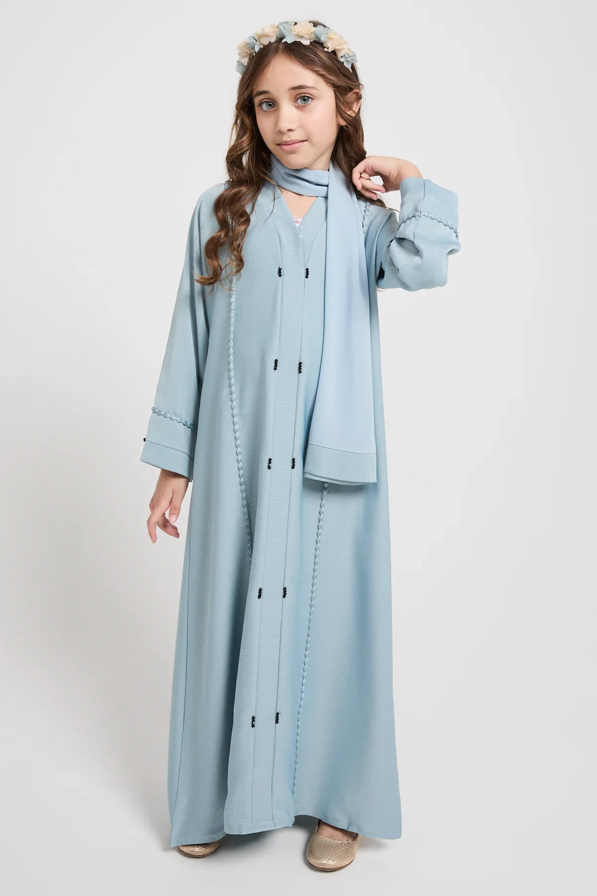 Junior Girls Textured Dainty Detail Closed Abaya - Powder Blue