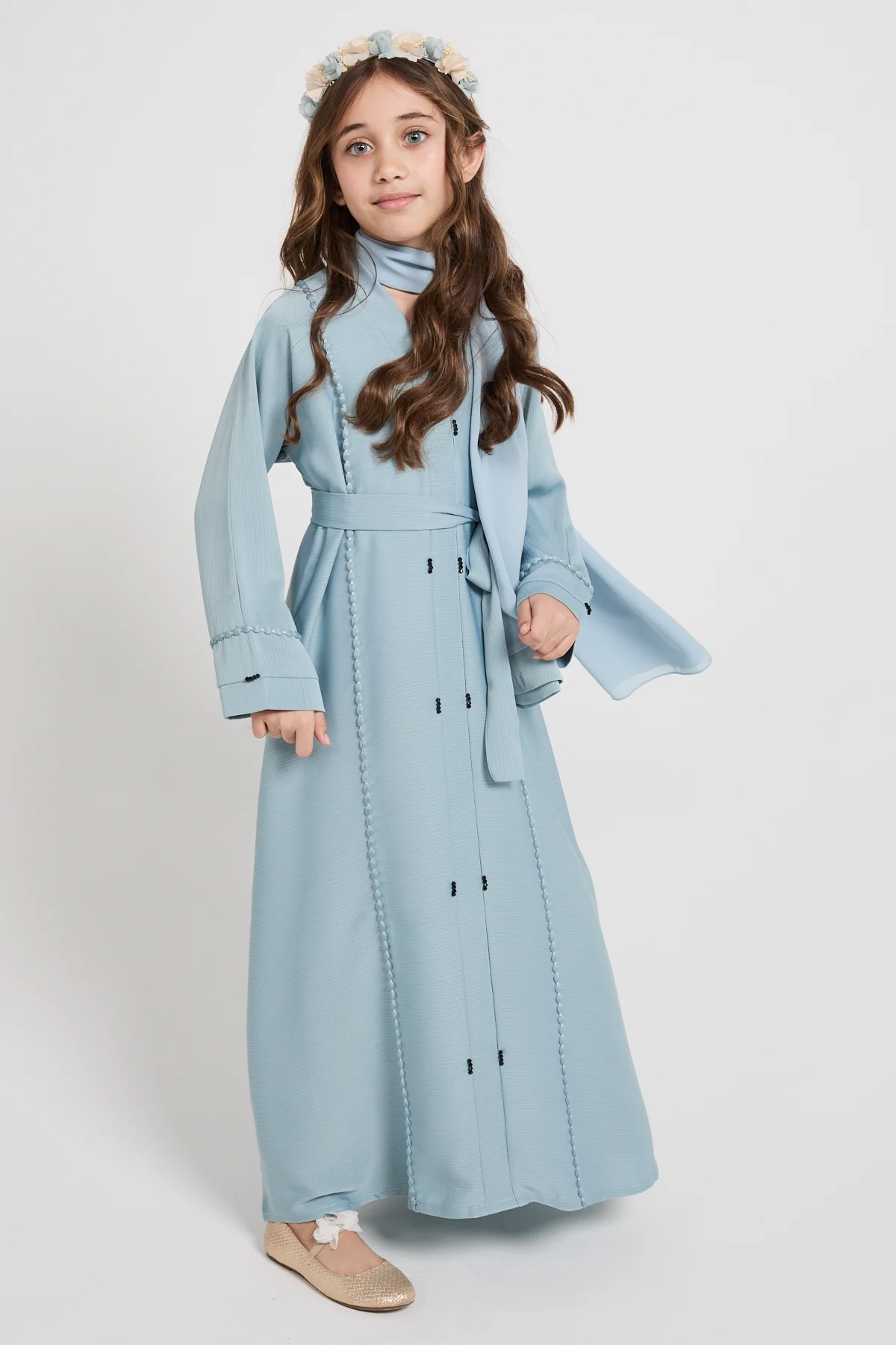 Junior Girls Textured Dainty Detail Closed Abaya - Powder Blue - Image 4
