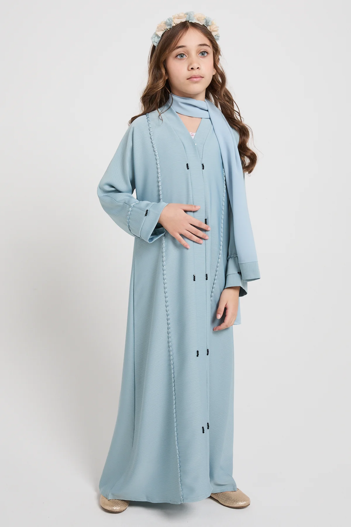 Junior Girls Textured Dainty Detail Closed Abaya - Powder Blue - Image 8
