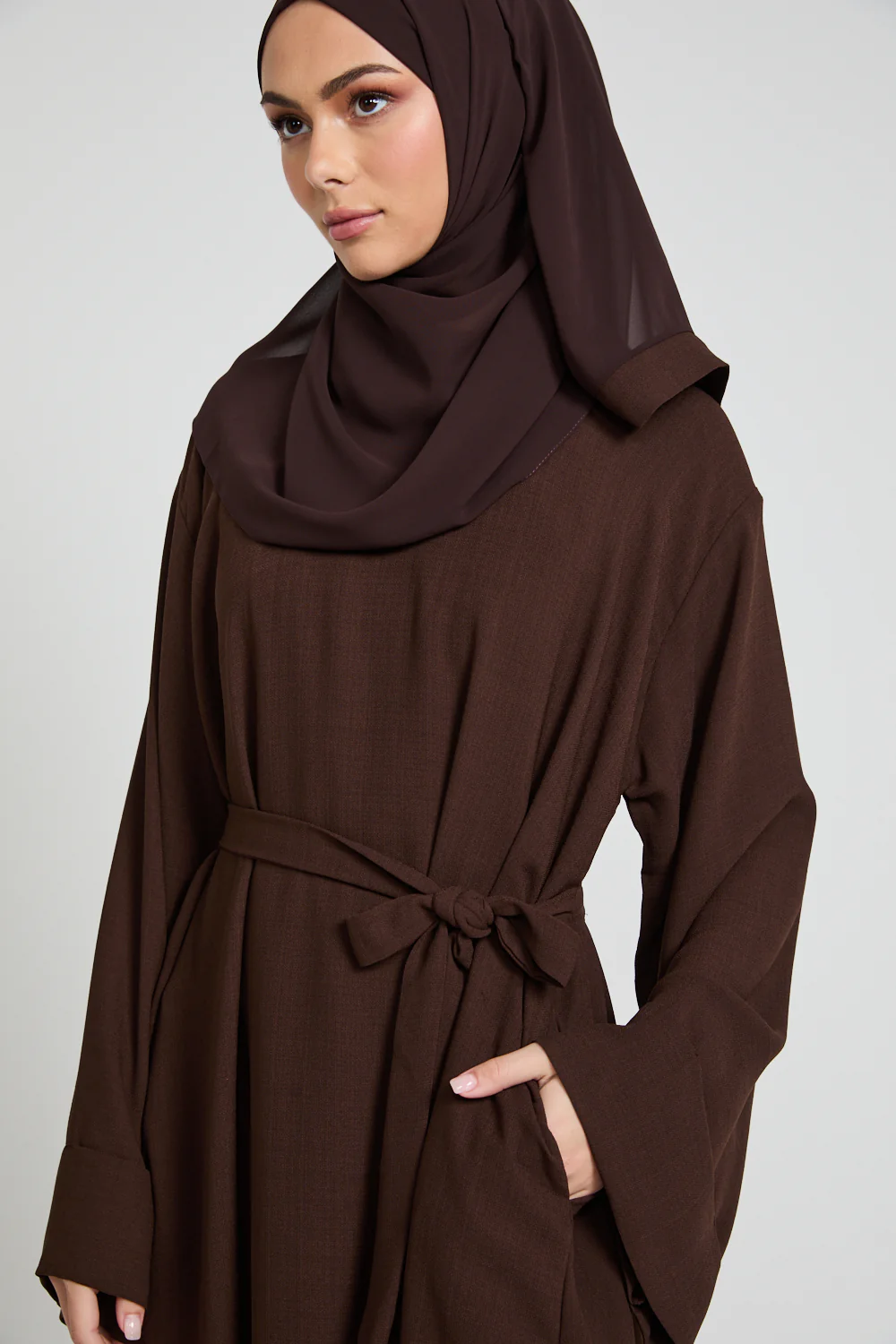 Linen Blend Closed Abaya with Pockets - Espresso - Image 2