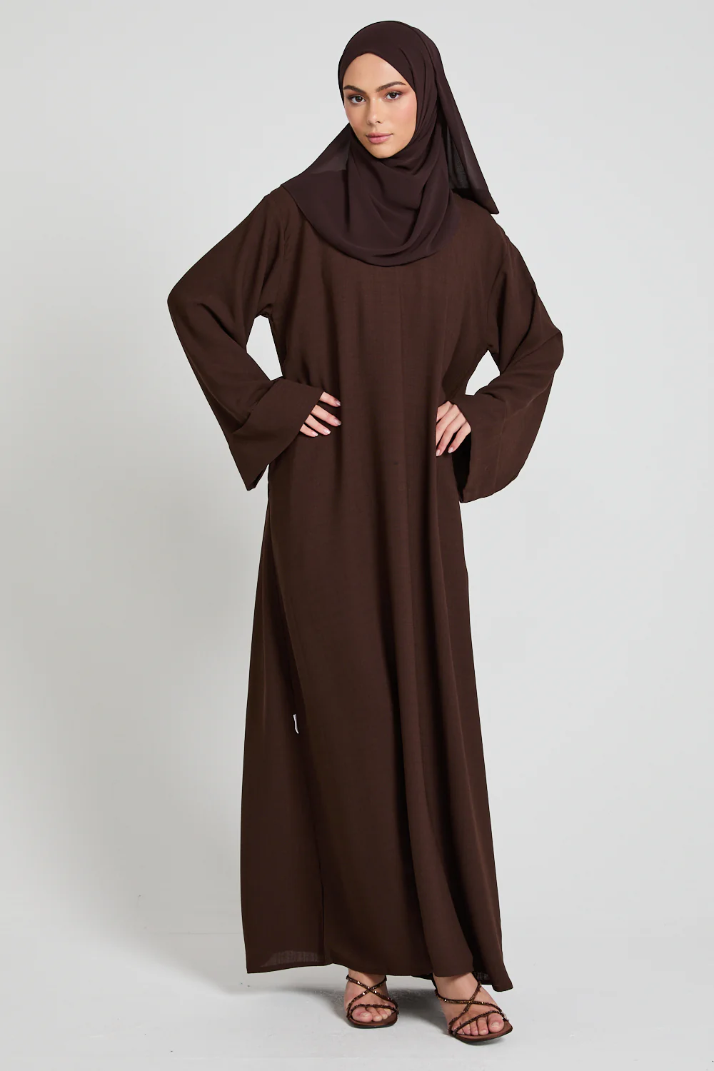 Linen Blend Closed Abaya with Pockets - Espresso - Image 3