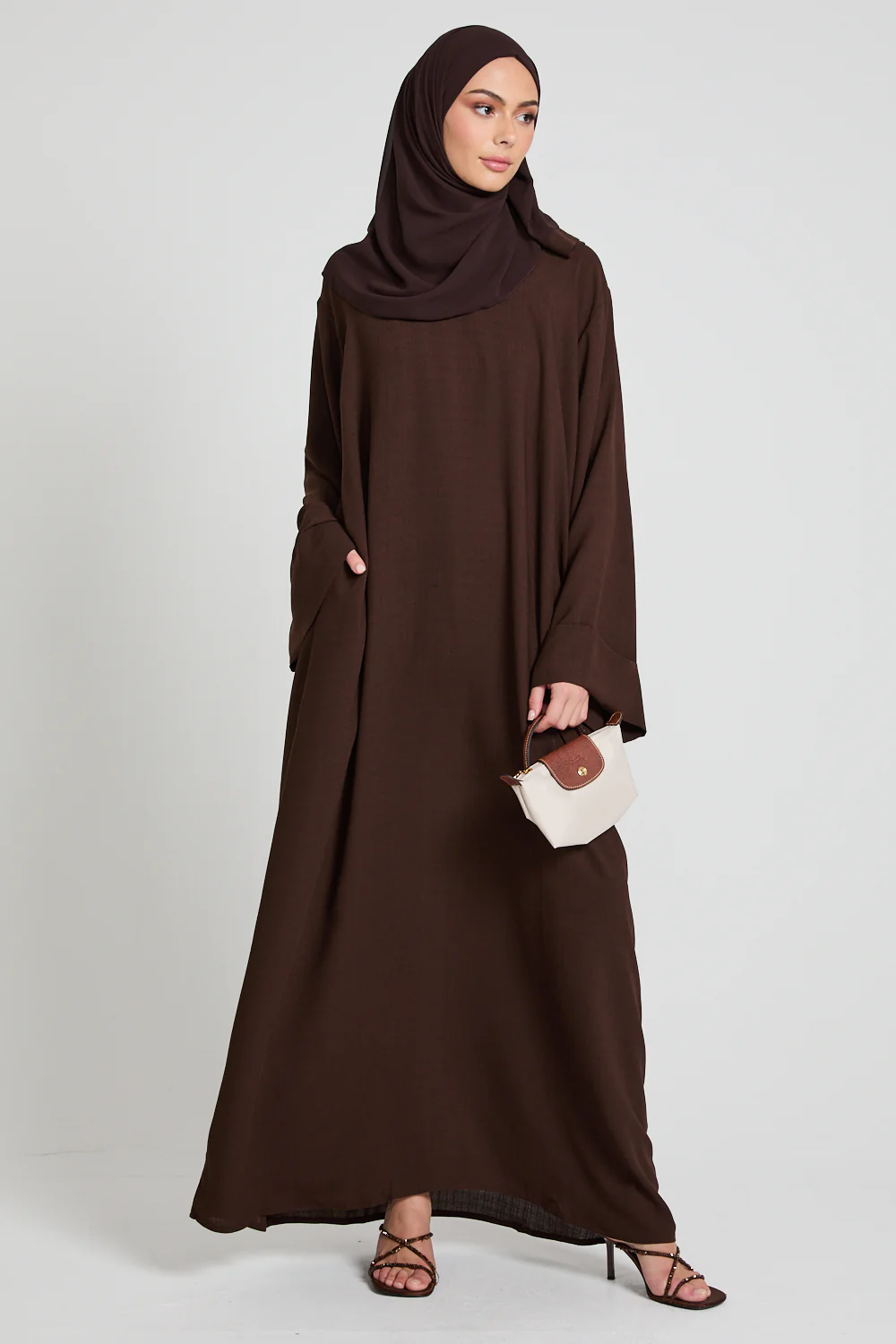 Linen Blend Closed Abaya with Pockets - Espresso - Image 6