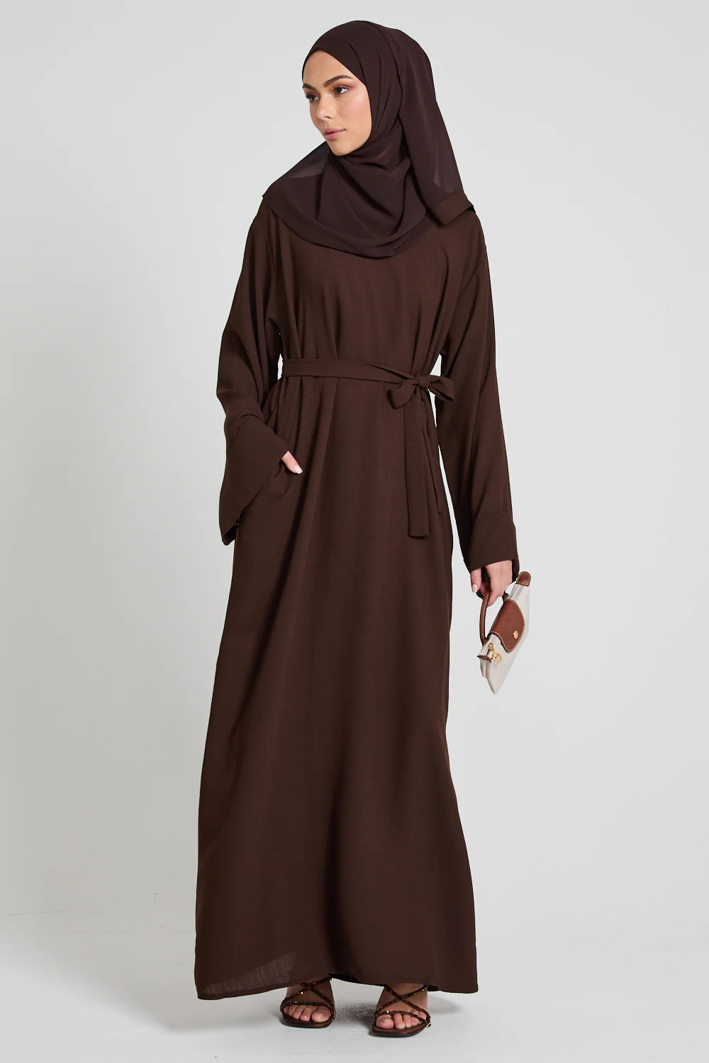 Linen Blend Closed Abaya with Pockets - Espresso - Image 7