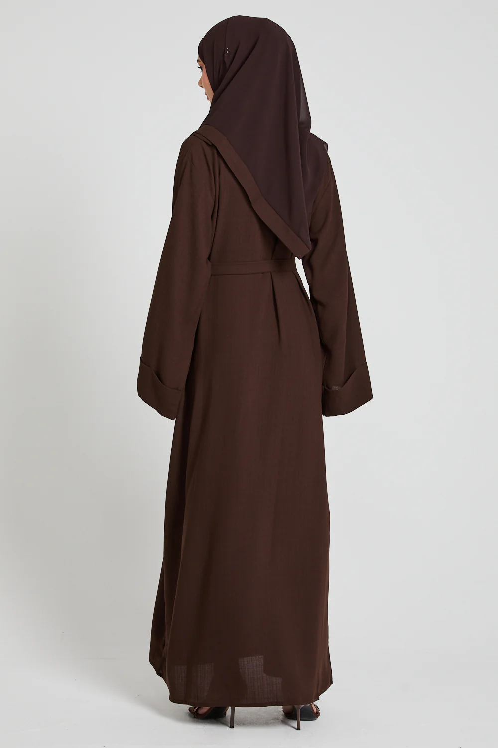 Linen Blend Closed Abaya with Pockets - Espresso - Image 9