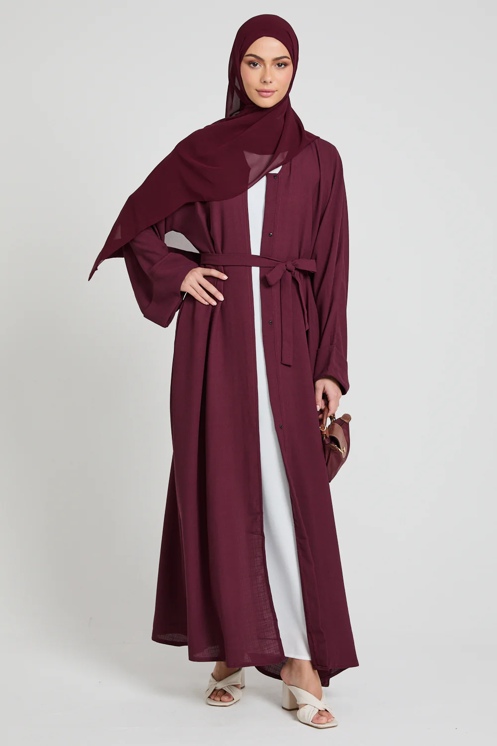 Linen Blend Open Abaya With Pockets - Burgundy