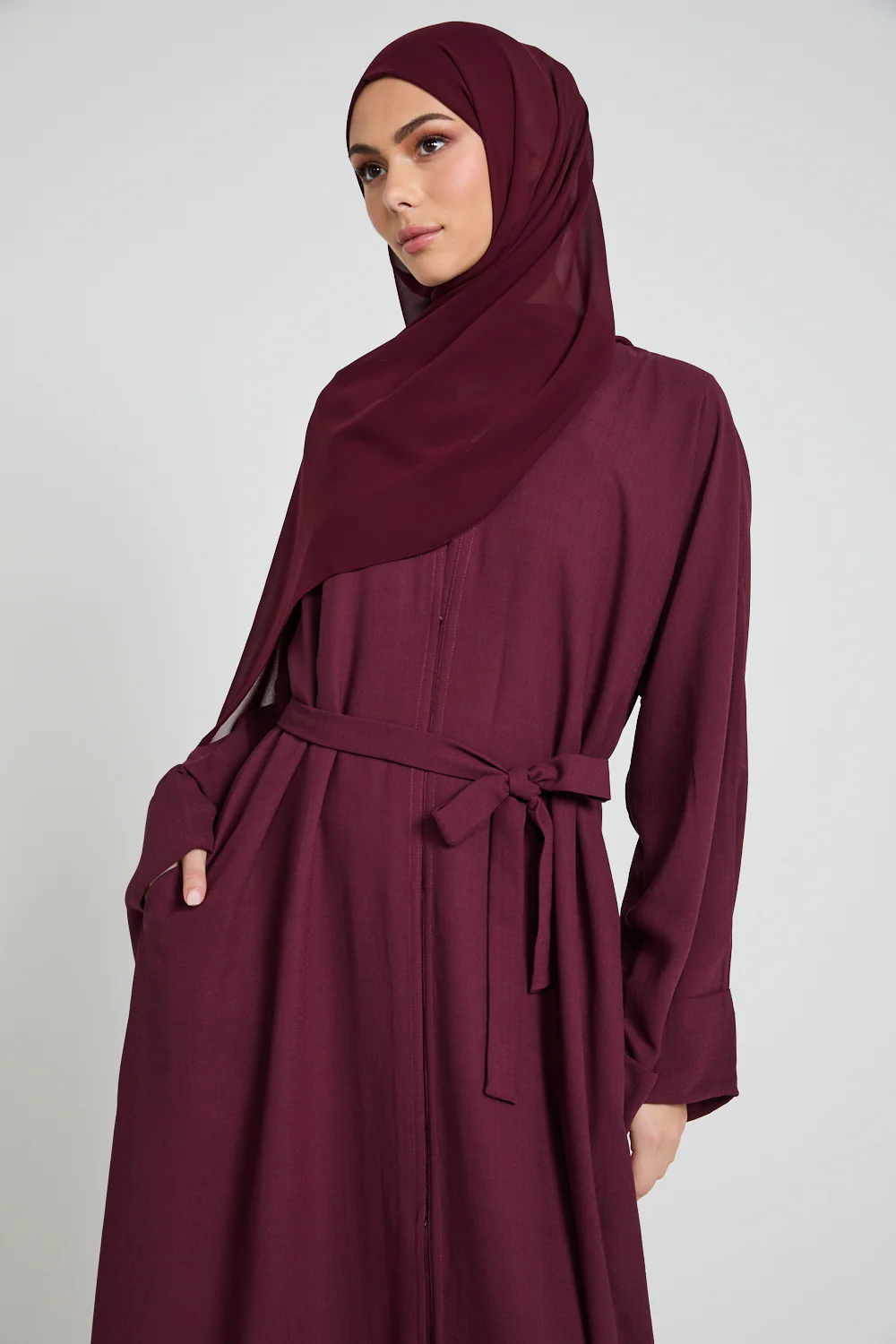 Linen Blend Open Abaya With Pockets - Burgundy - Image 2