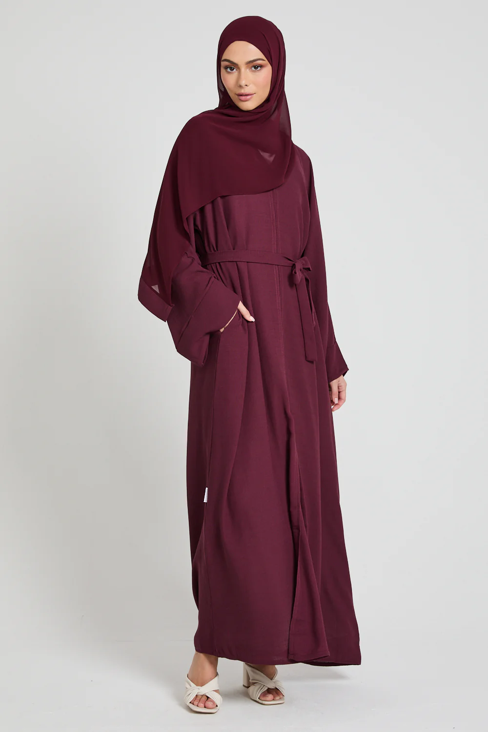 Linen Blend Open Abaya With Pockets - Burgundy - Image 3