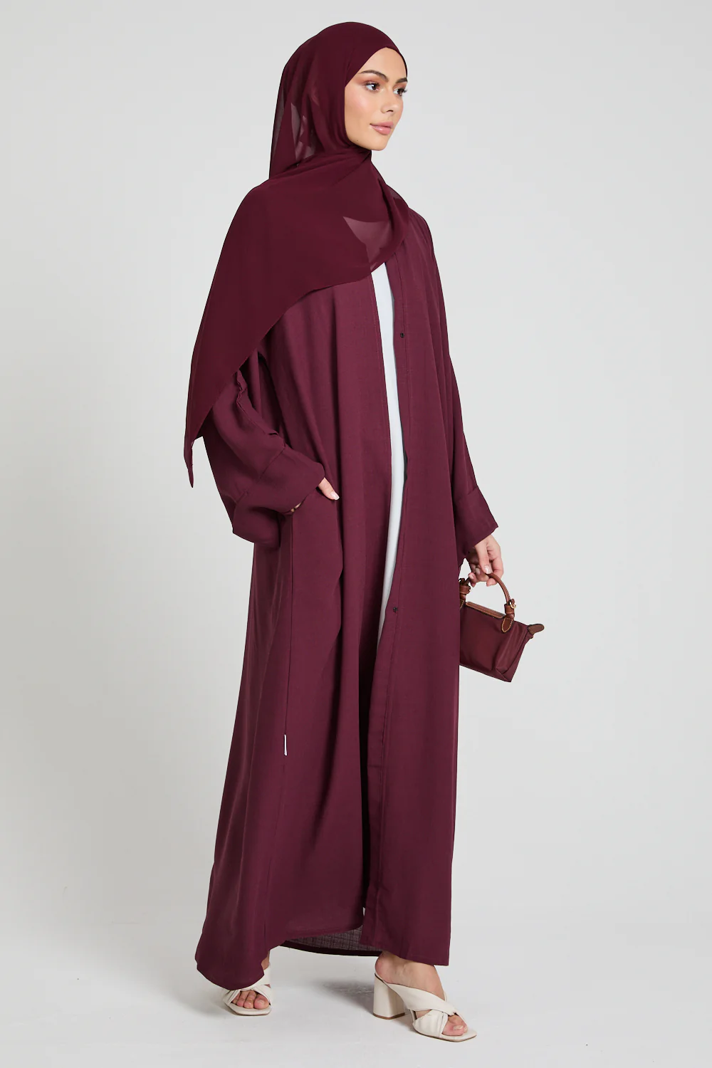 Linen Blend Open Abaya With Pockets - Burgundy - Image 4