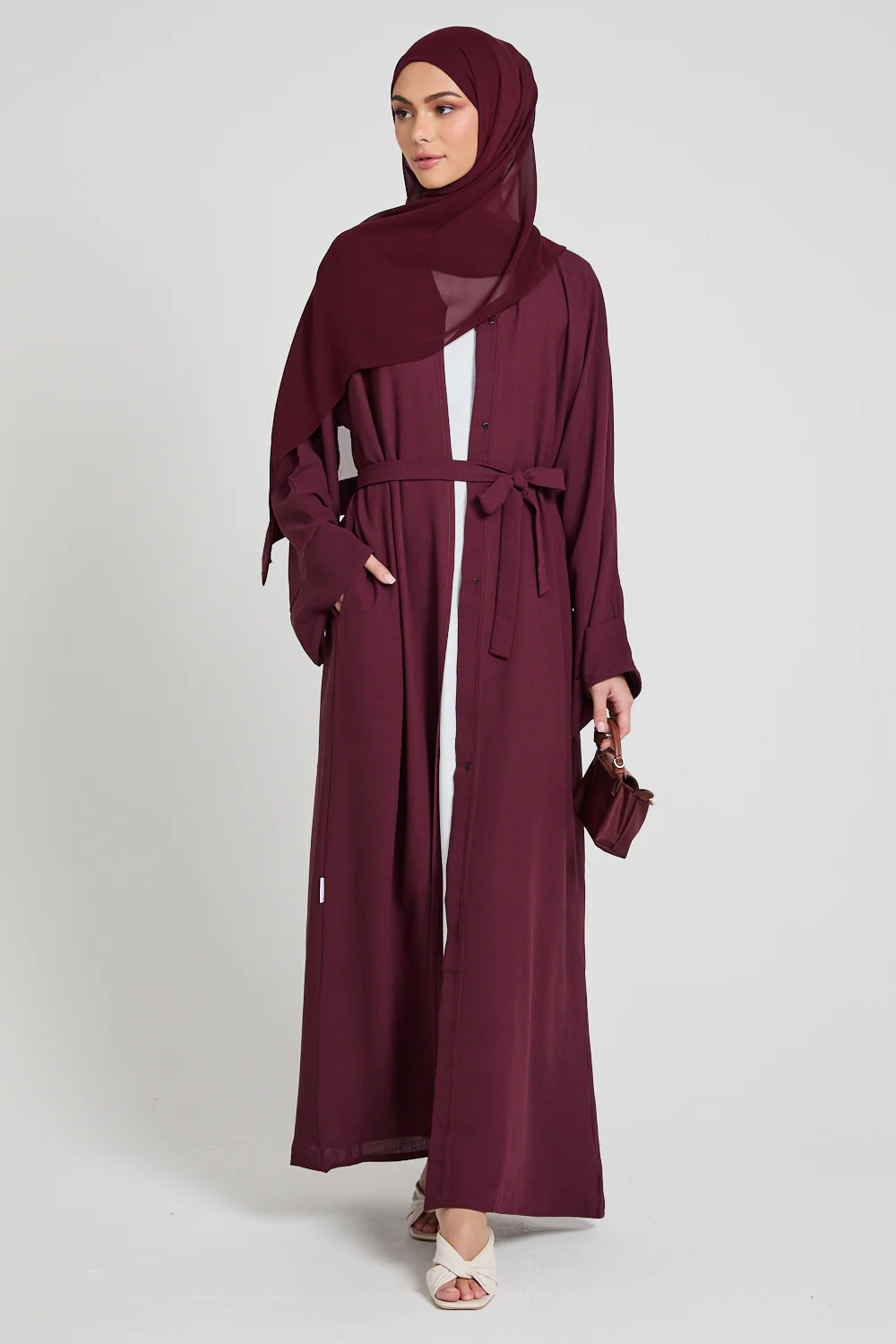 Linen Blend Open Abaya With Pockets - Burgundy - Image 5