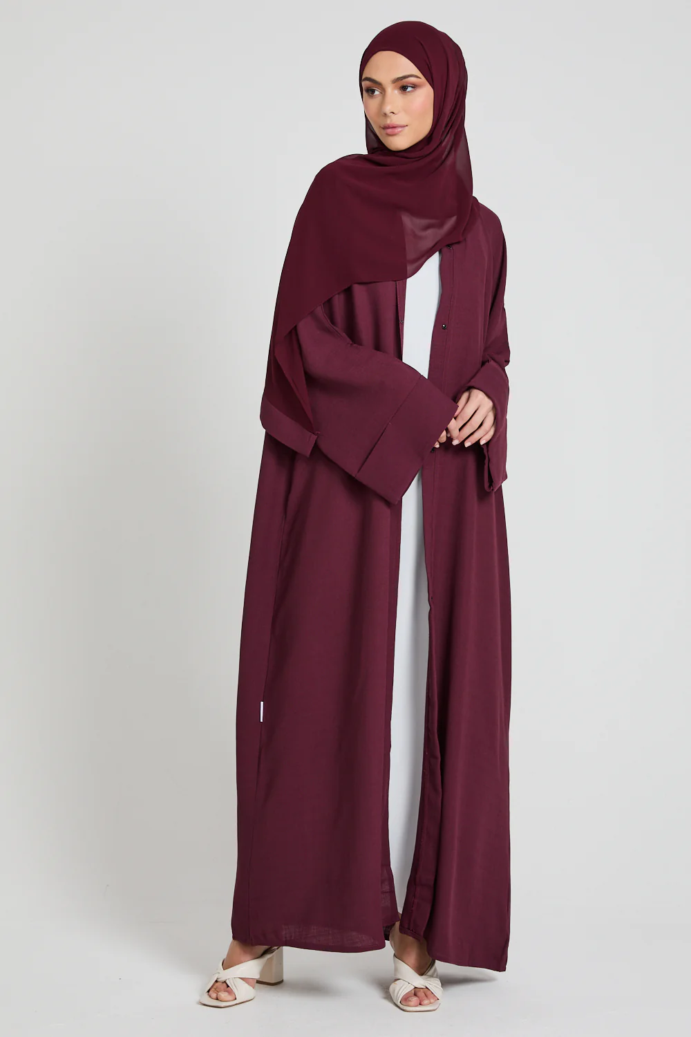 Linen Blend Open Abaya With Pockets - Burgundy - Image 6