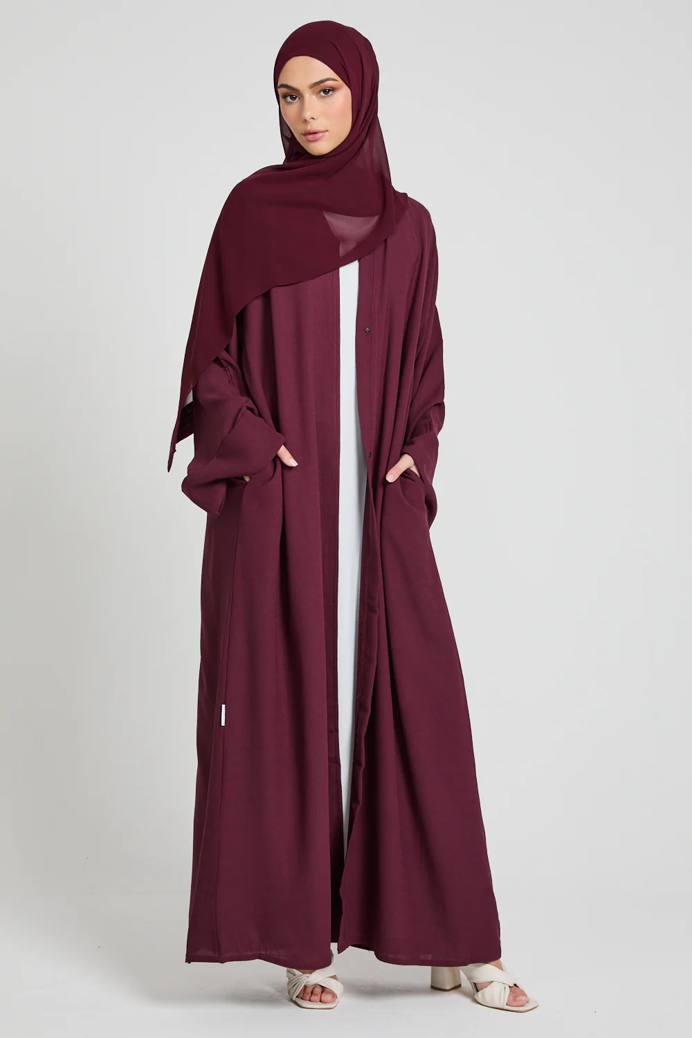 Linen Blend Open Abaya With Pockets - Burgundy - Image 7