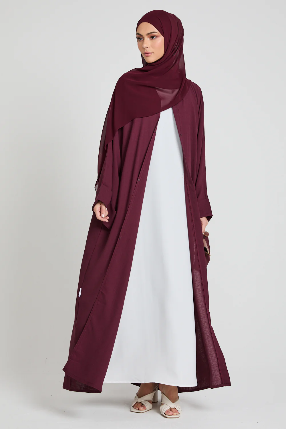 Linen Blend Open Abaya With Pockets - Burgundy - Image 8