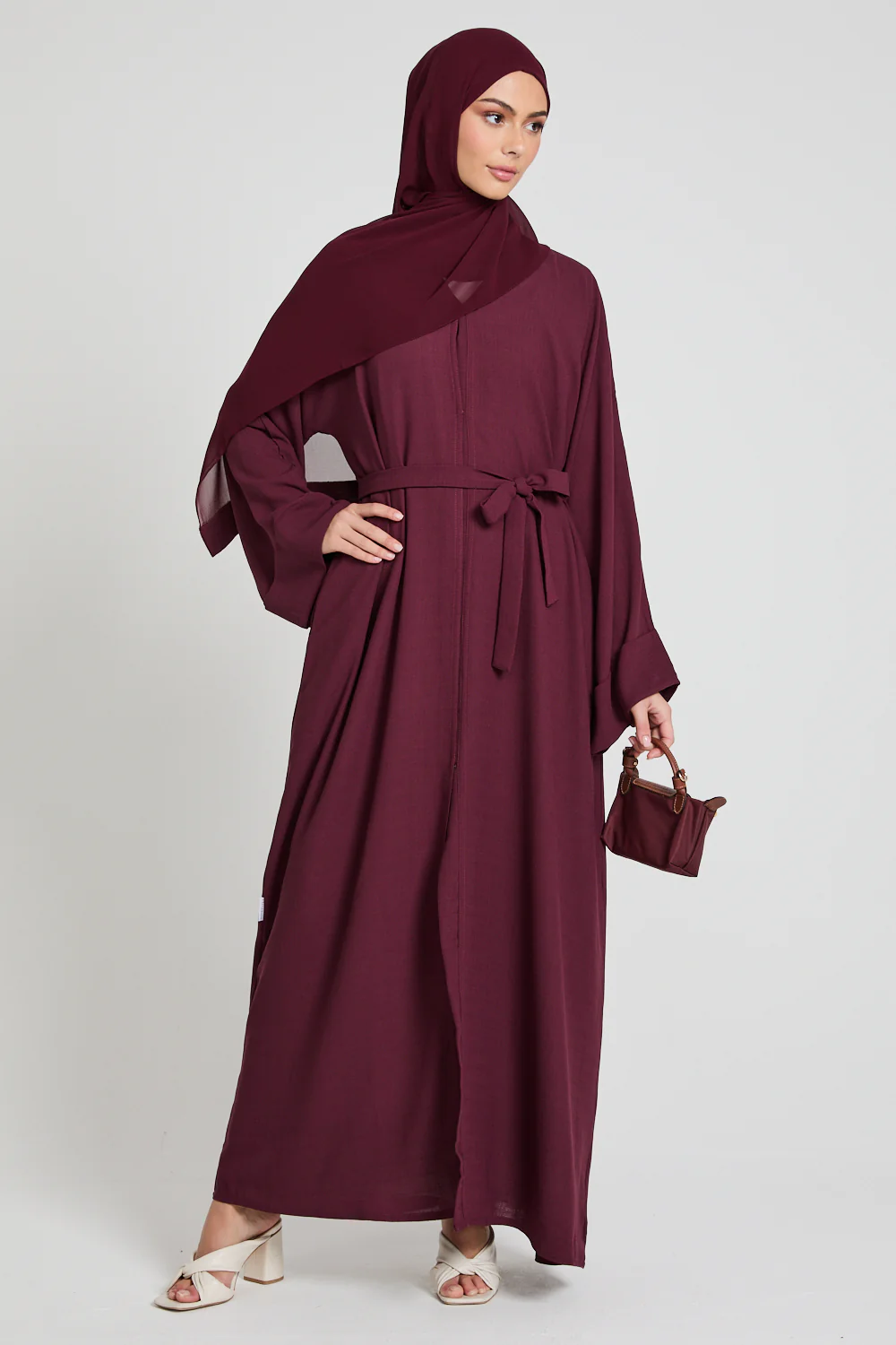 Linen Blend Open Abaya With Pockets - Burgundy - Image 9
