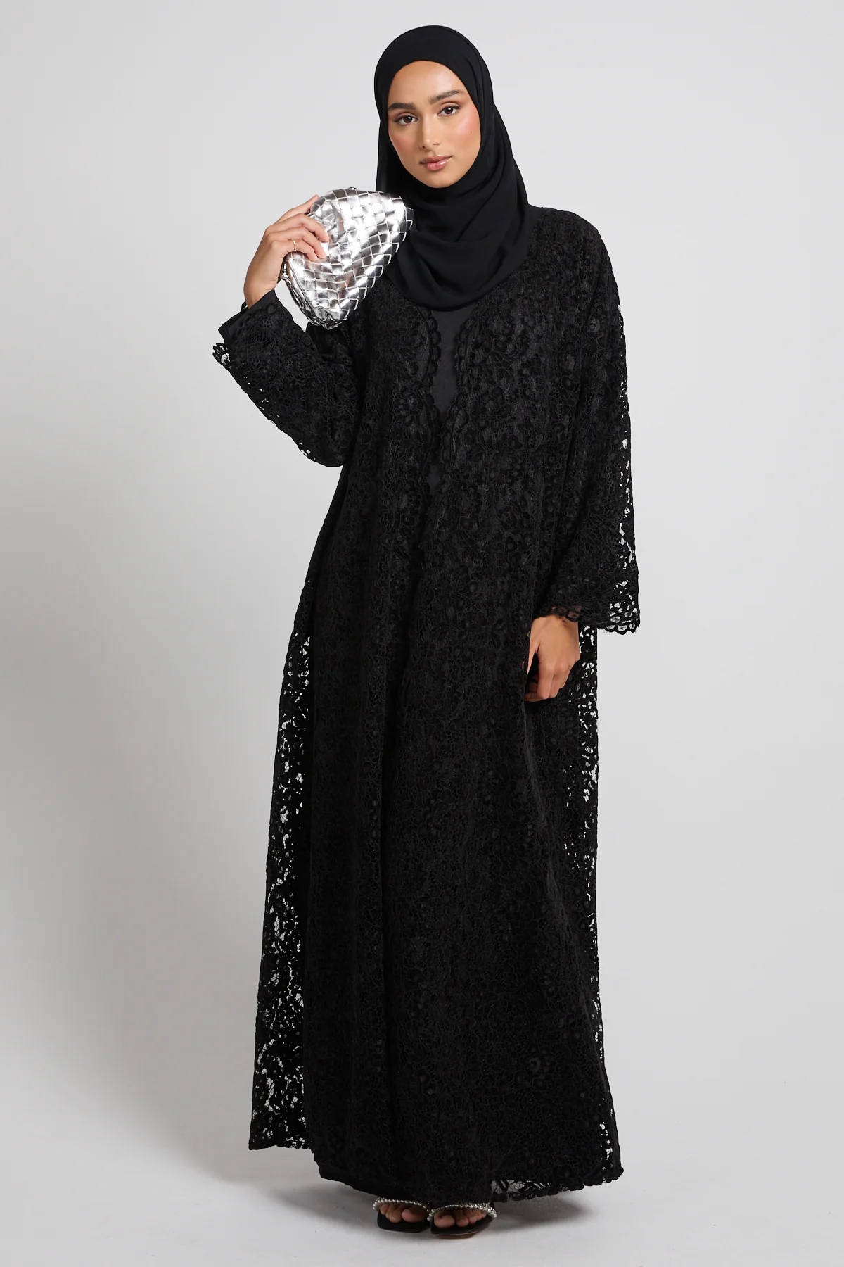 Luxe Bloom Lace Three Piece Abaya Set – Black