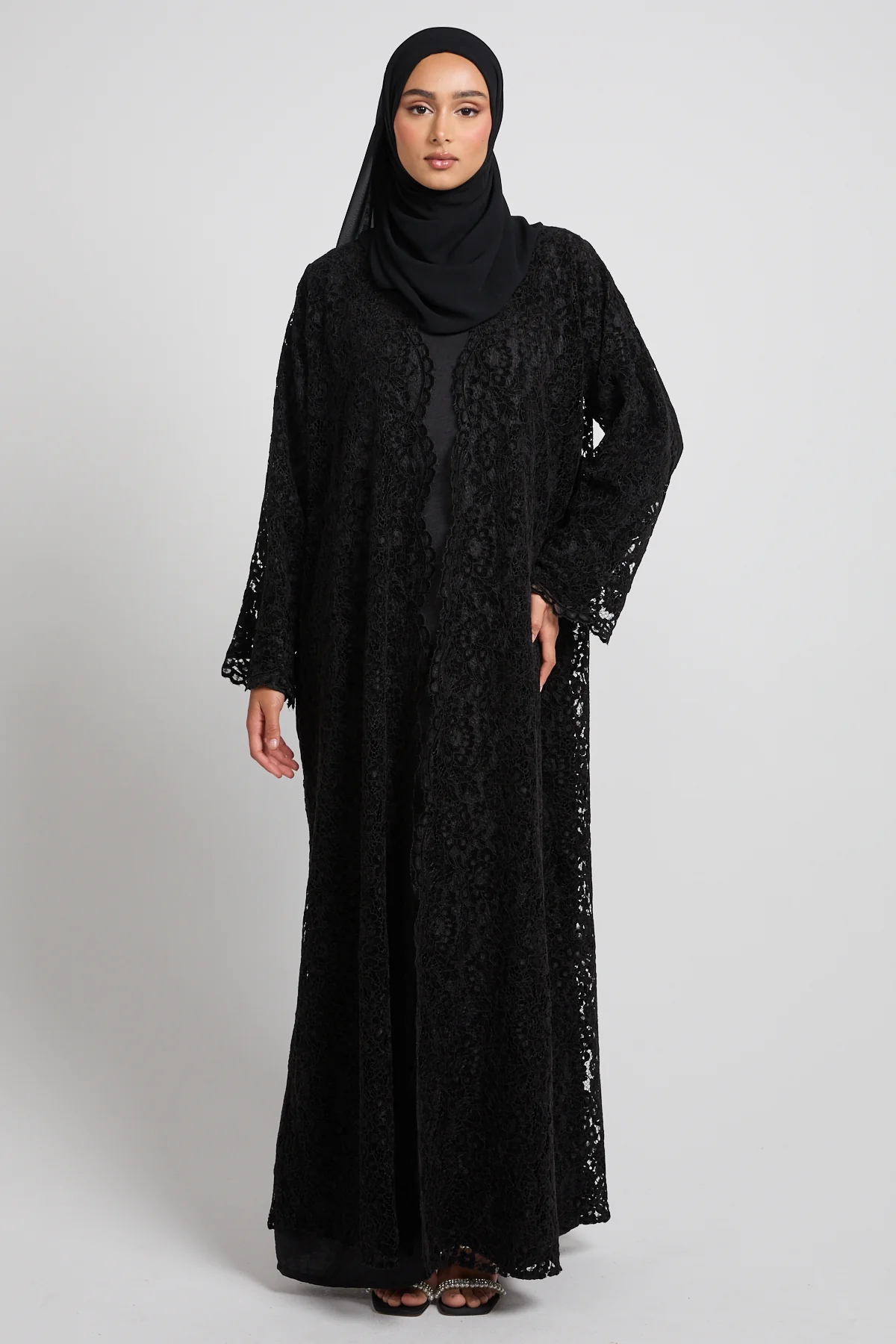 Luxe Bloom Lace Three Piece Abaya Set – Black - Image 3