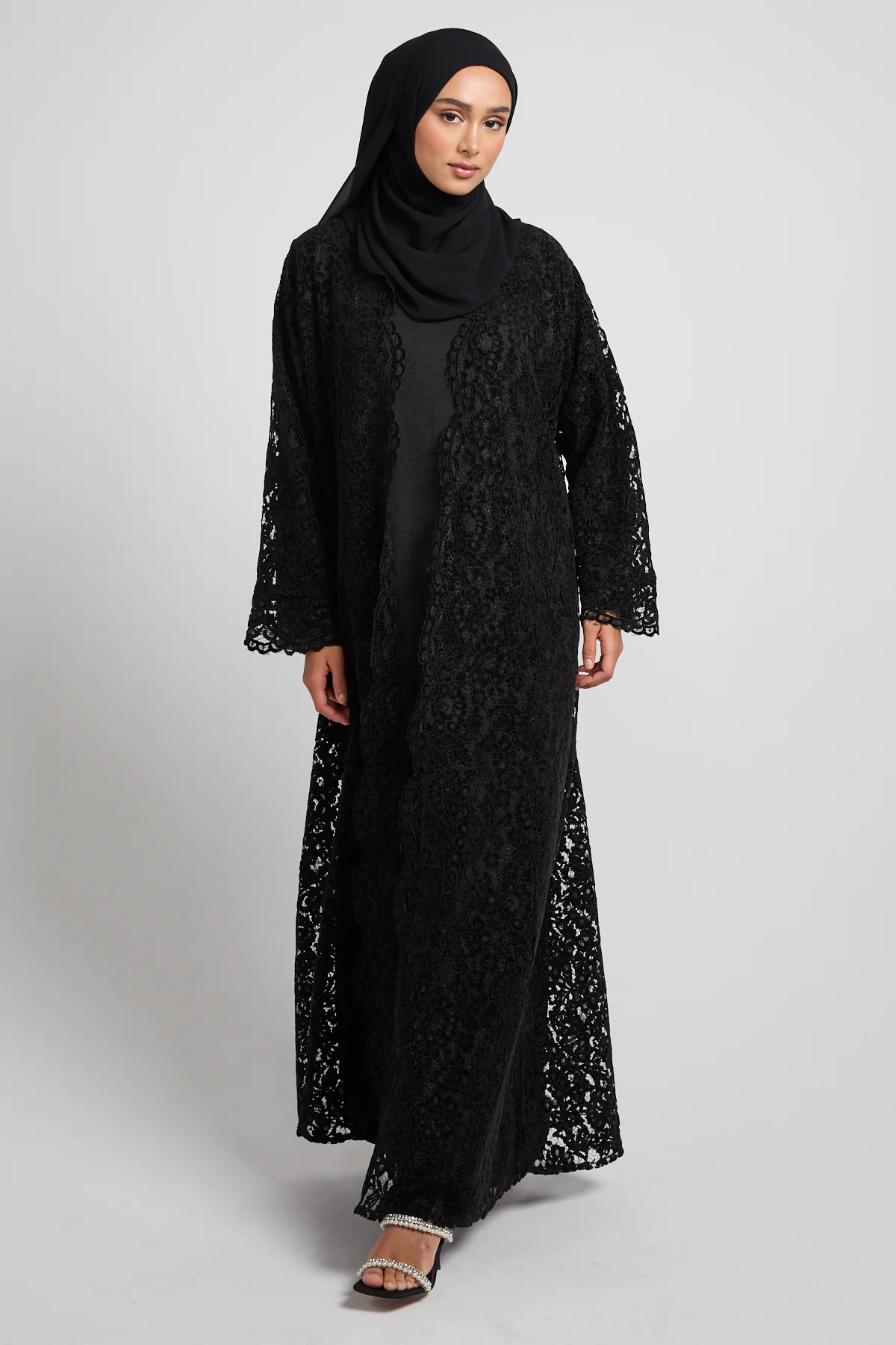Luxe Bloom Lace Three Piece Abaya Set – Black - Image 6