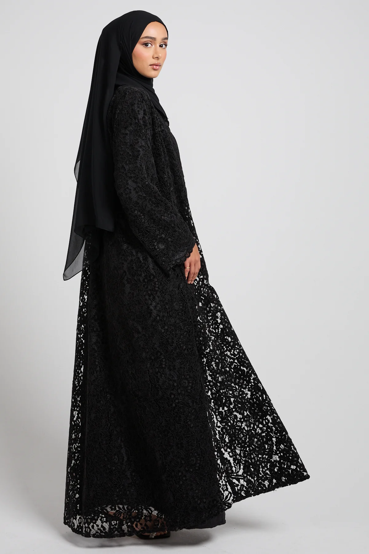Luxe Bloom Lace Three Piece Abaya Set – Black - Image 7