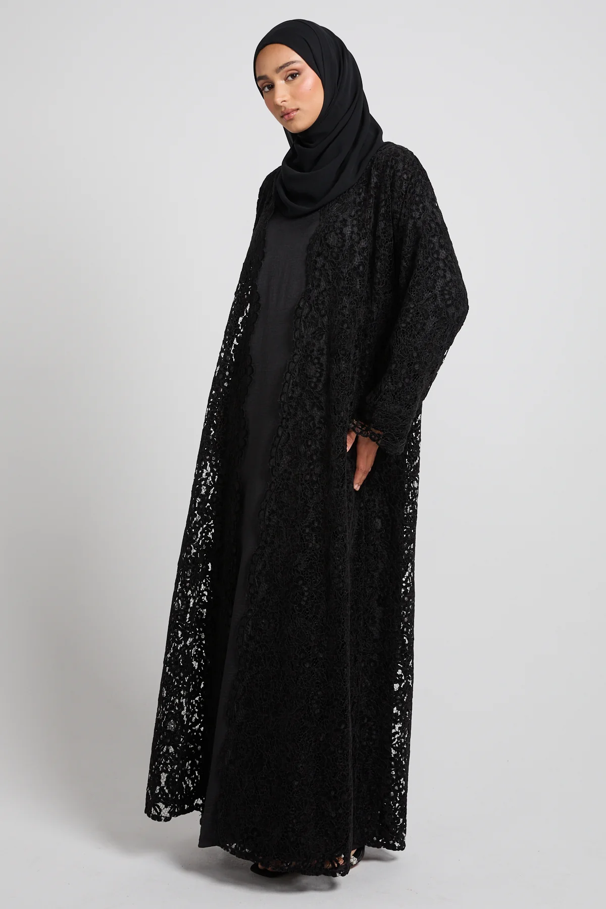 Luxe Bloom Lace Three Piece Abaya Set – Black - Image 8
