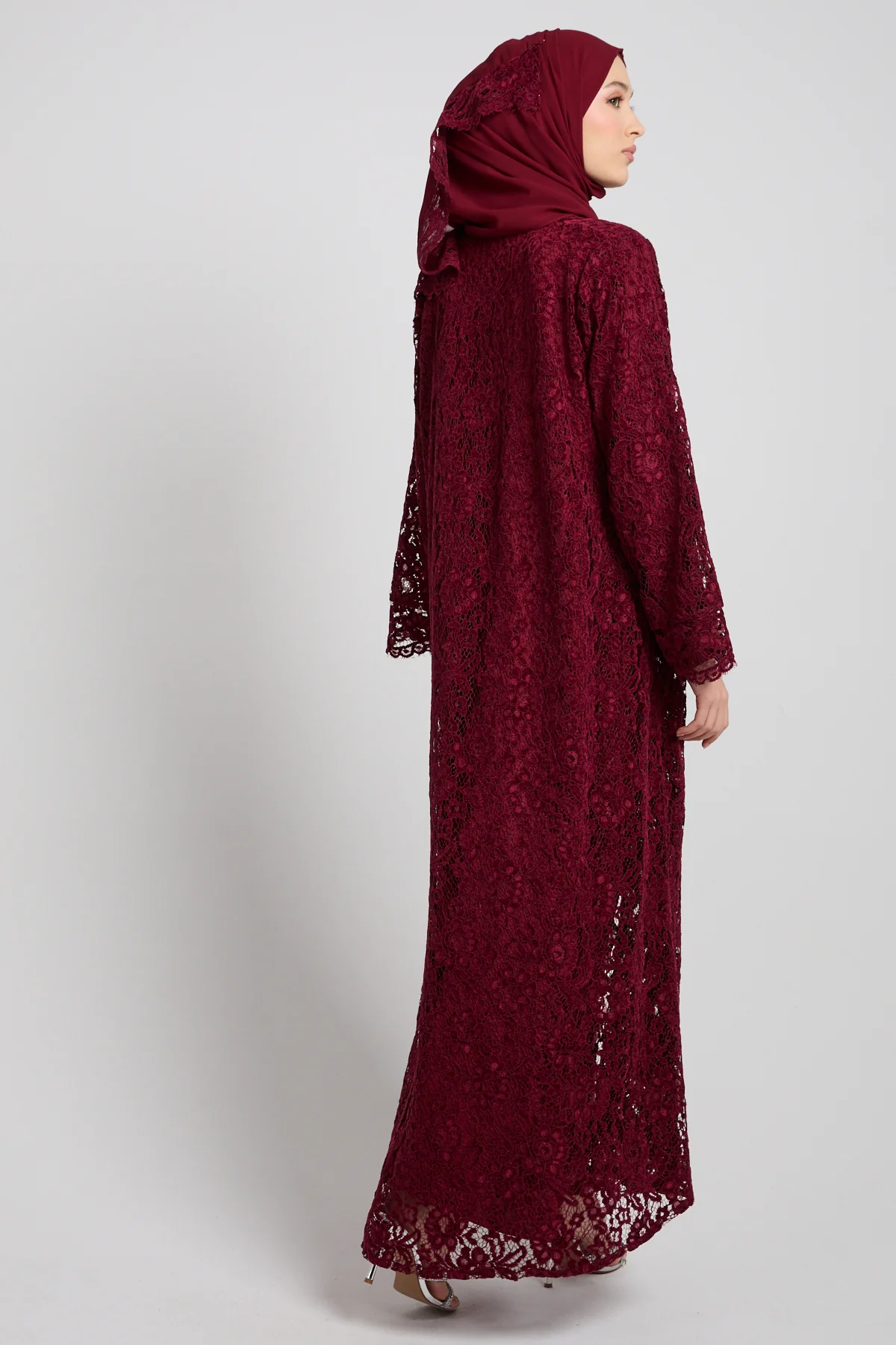 Luxe Bloom Lace Three Piece Abaya Set – Deep Burgundy - Image 5