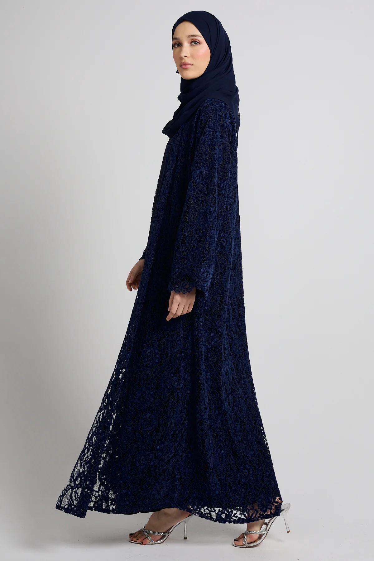 Luxe Bloom Lace Three Piece Abaya Set – Navy