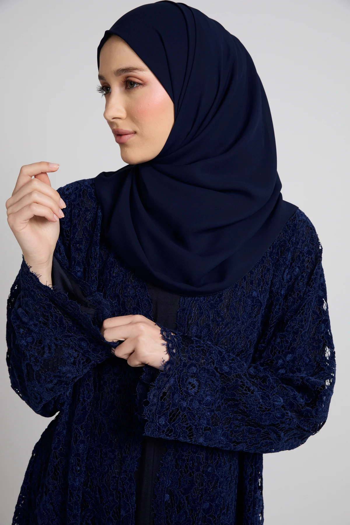 Luxe Bloom Lace Three Piece Abaya Set – Navy - Image 5