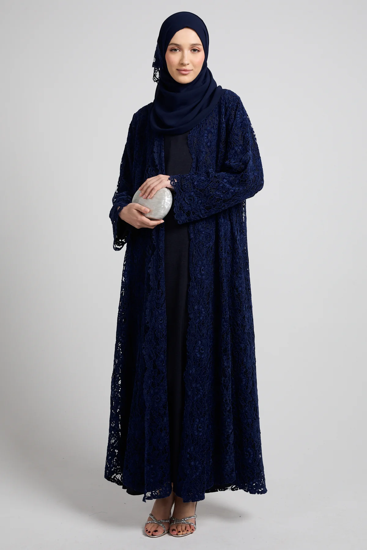Luxe Bloom Lace Three Piece Abaya Set – Navy - Image 6