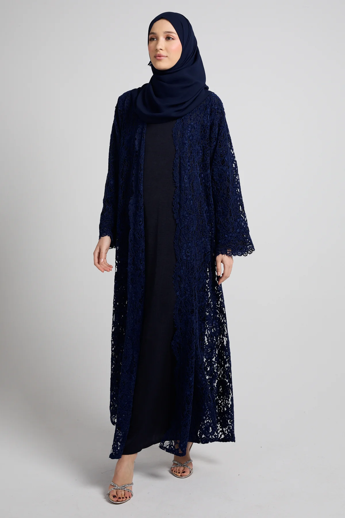 Luxe Bloom Lace Three Piece Abaya Set – Navy - Image 7