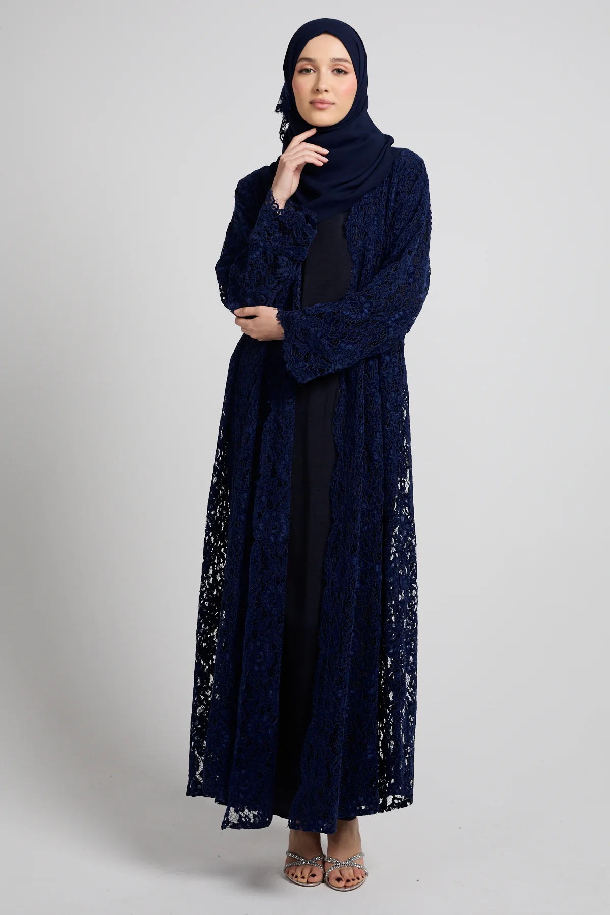 Luxe Bloom Lace Three Piece Abaya Set – Navy - Image 8